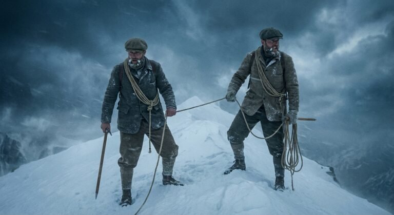 Deux alpinistes encordés progressant sur une arête enneigée dans les Alpes en 1928