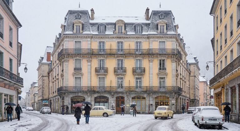 Façades haussmanniennes et grands hôtels du 19ème siècle à Cauterets sous la neige.