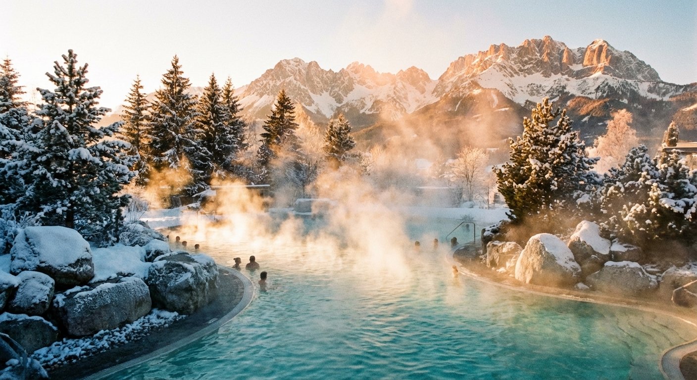 Vue d'un grand bassin d'eau thermale fumante en extérieur, entouré de neige et de sapins, avec des montagnes des Alpes en arrière-plan au coucher du soleil.