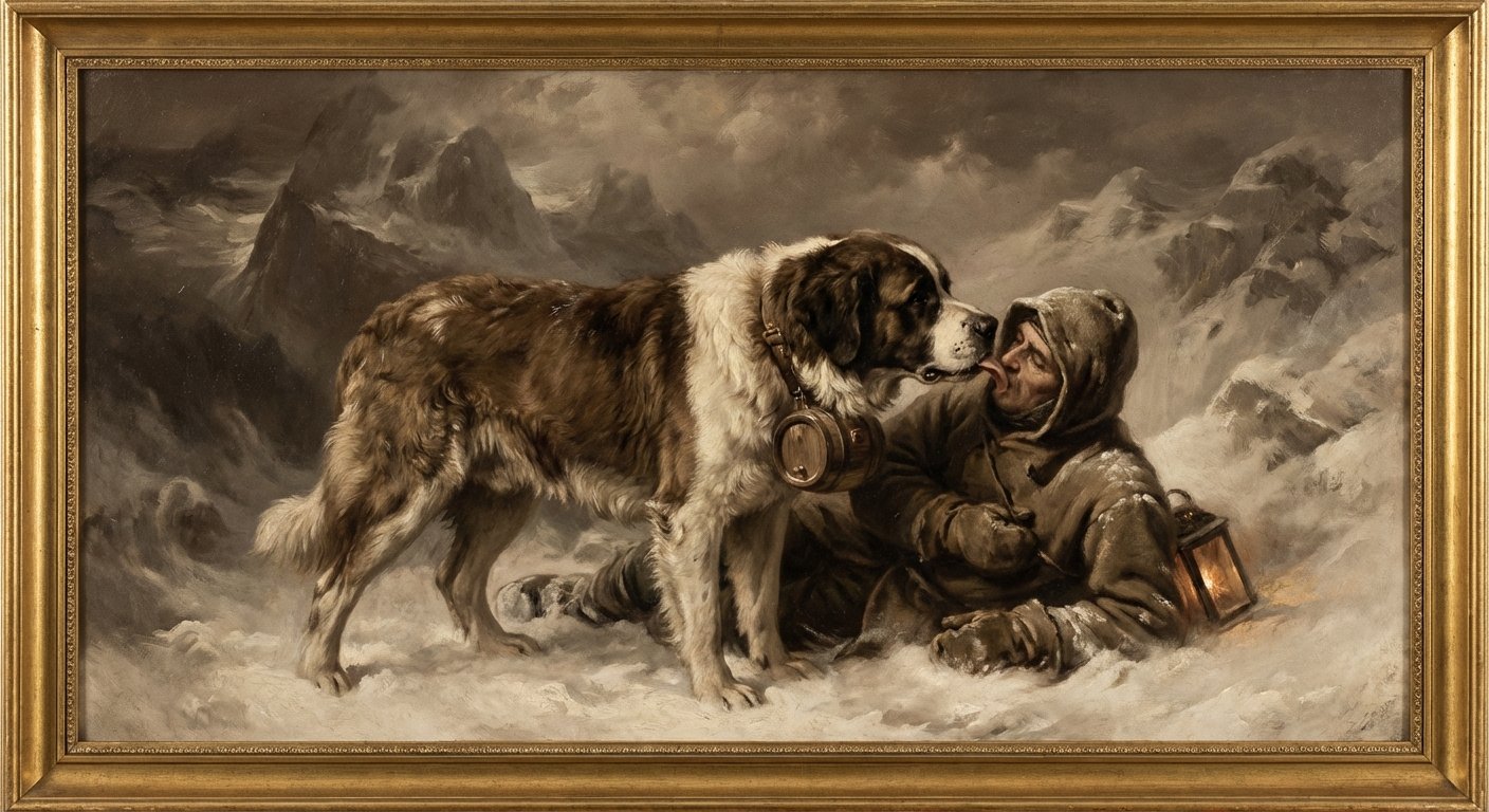 Reconstitution d'une image d'époque d'un chien Saint-Bernard dans la neige avec le mythique tonneau autour du cou, secourant un voyageur.