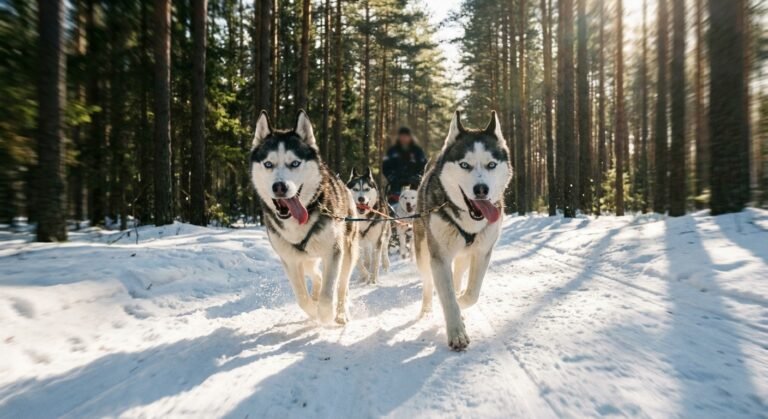 Attelage de chiens husky courant sur une piste enneigée au milieu d'une forêt de sapins dans le Vercors.