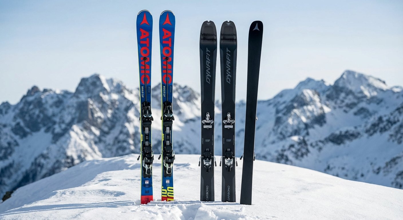 Deux paires de skis posées dans la neige : à gauche un ski de piste large et lourd, à droite un ski de randonnée fin avec fixations à inserts.