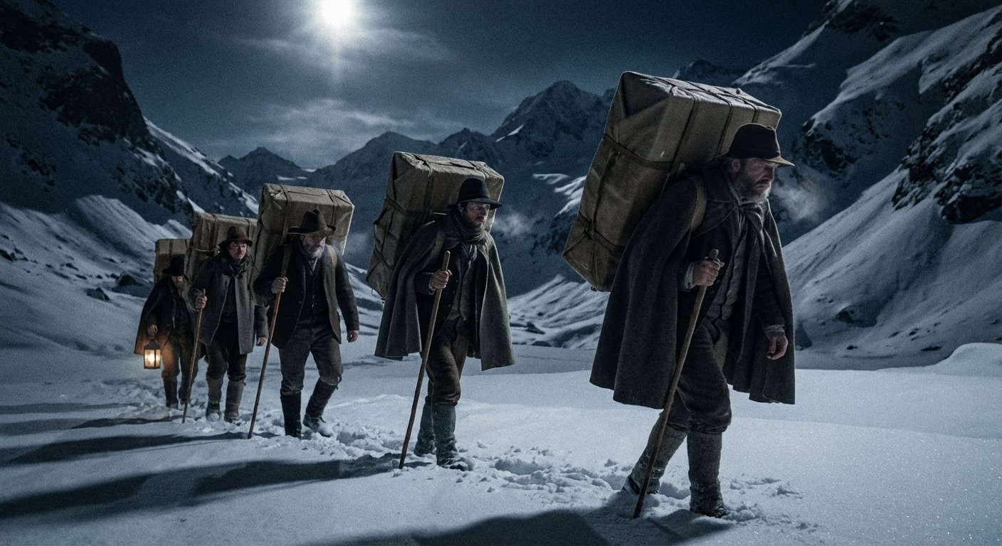 Groupe de contrebandiers marchant en file indienne dans la neige la nuit, portant de lourdes charges (bricollas) sur le dos, éclairés par la lune.