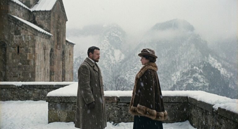 Illustration style 1910. Un homme et une femme en vêtements d'époque, debout sur un balcon enneigé, regardant dans des directions opposées. Ambiance mélancolique et froide.