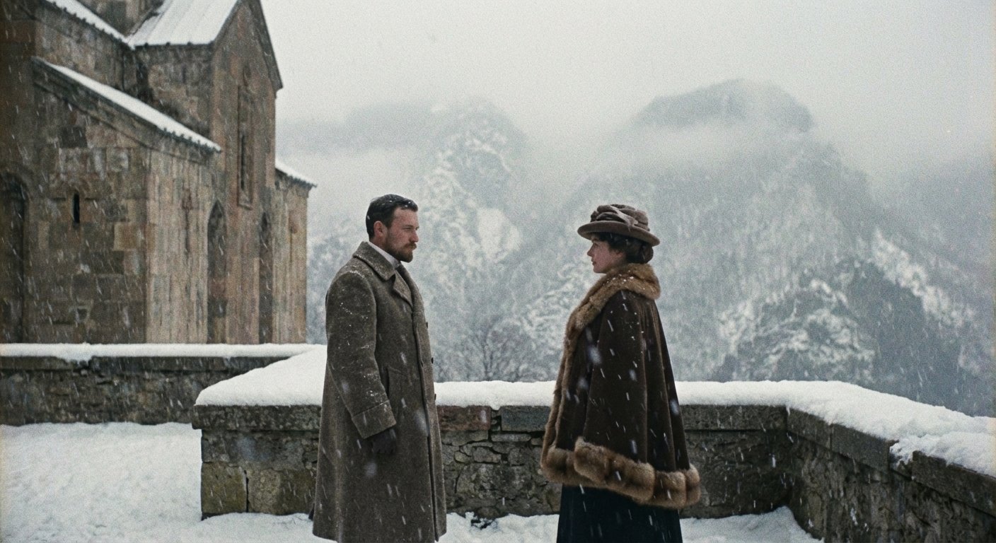 Illustration style 1910. Un homme et une femme en vêtements d'époque, debout sur un balcon enneigé, regardant dans des directions opposées. Ambiance mélancolique et froide.