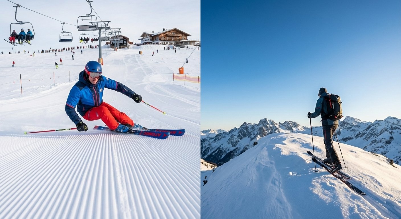 Image divisée en deux : à gauche un skieur alpin sur une piste damée bondée, à droite un skieur de randonnée seul dans la poudreuse vierge.