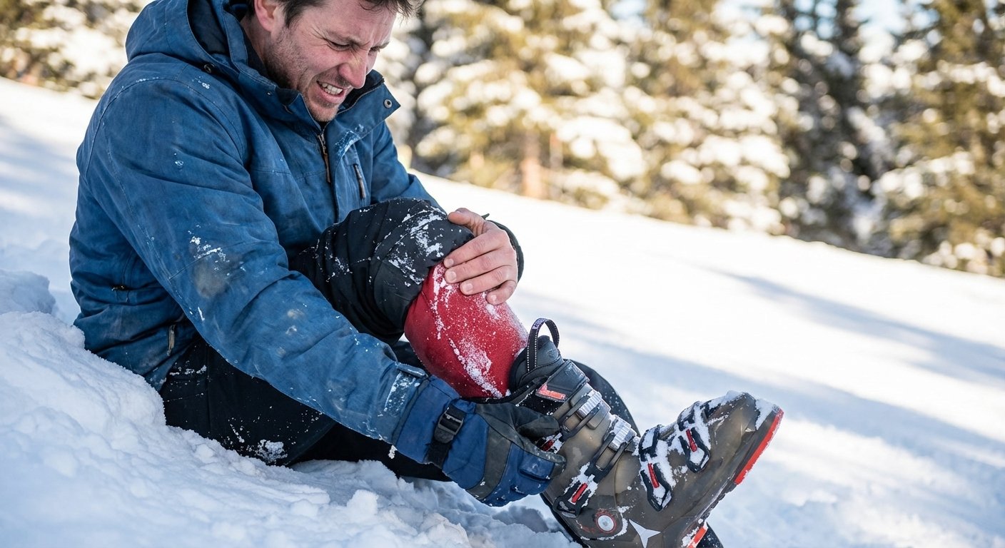 Skieur assis sur la neige en train de défaire ses chaussures de ski, grimaçant de douleur, se massant le tibia.