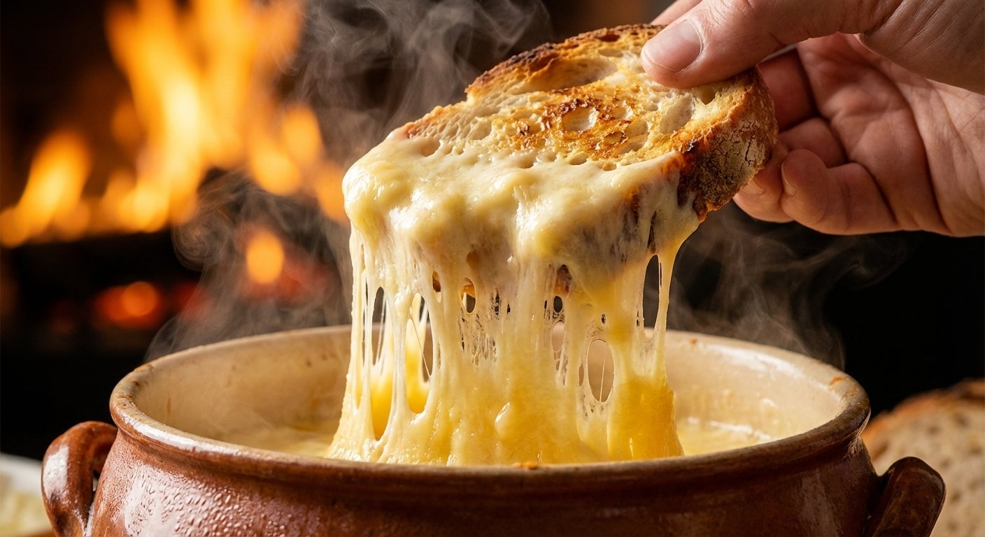 Gros plan sur un morceau de pain plongé dans une fondue au fromage avec de longs fils de fromage fondu.
