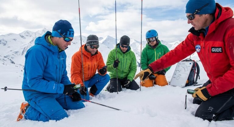 Groupe de skieurs à genoux dans la neige en train d'apprendre à utiliser une sonde et un DVA lors d'un stage de sécurité.