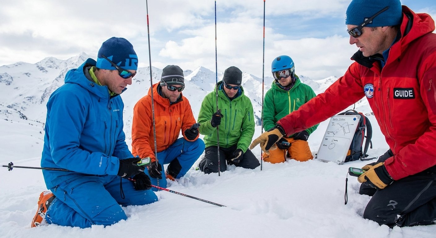 Groupe de skieurs à genoux dans la neige en train d'apprendre à utiliser une sonde et un DVA lors d'un stage de sécurité.