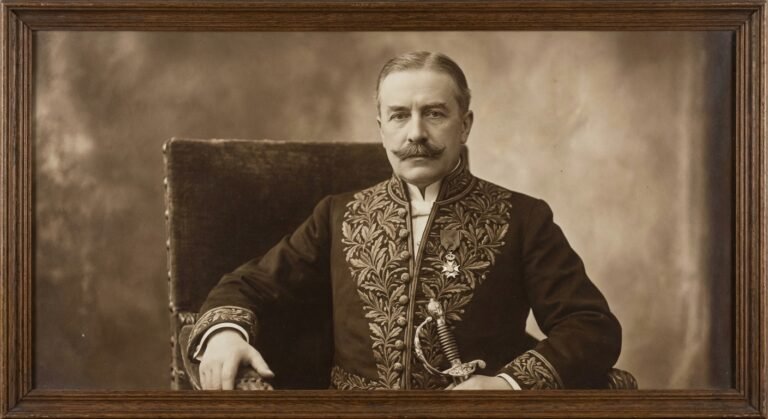 Portrait photographique noir et blanc d'Henry Bordeaux en habit d'académicien (l'épée), posant fièrement devant une bibliothèque.