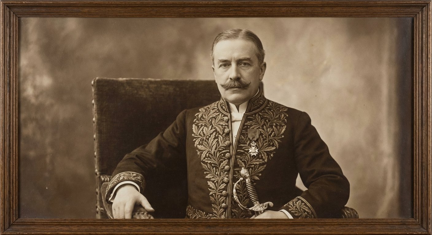 Portrait photographique noir et blanc d'Henry Bordeaux en habit d'académicien (l'épée), posant fièrement devant une bibliothèque.