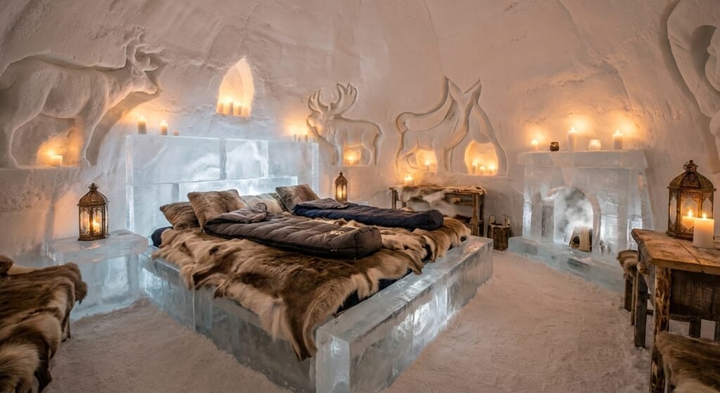 Intérieur confortable d'un igloo avec des peaux de bêtes, des sacs de couchage chauds et des sculptures dans la glace.