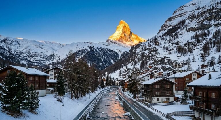 Vue classique du mont Cervin (Matterhorn) au lever du soleil avec son sommet doré, vu depuis la rivière du village de Zermatt.
