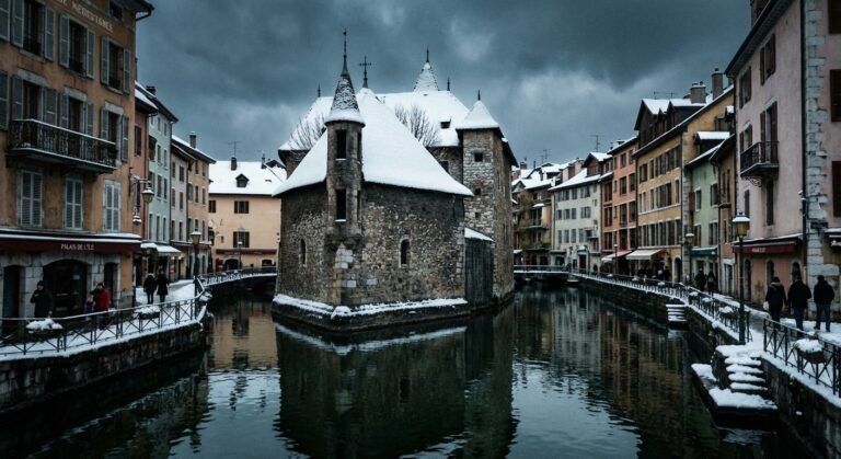 Le célèbre Palais de l'Île à Annecy entouré par les canaux de la vieille ville, toits recouverts d'un peu de neige, ambiance hivernale.