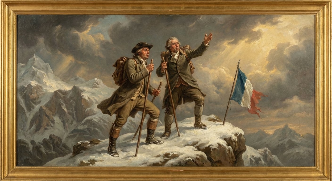 Reconstitution historique. Deux hommes en redingotes de laine et tricornes grimpant dans la neige avec de longs bâtons en bois, visage marqué par l'effort.