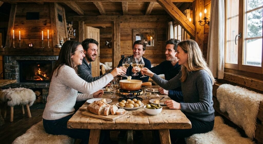 Groupe d'amis riant autour d'un caquelon à fondue dans un chalet en bois rustique, vin blanc sur la table.