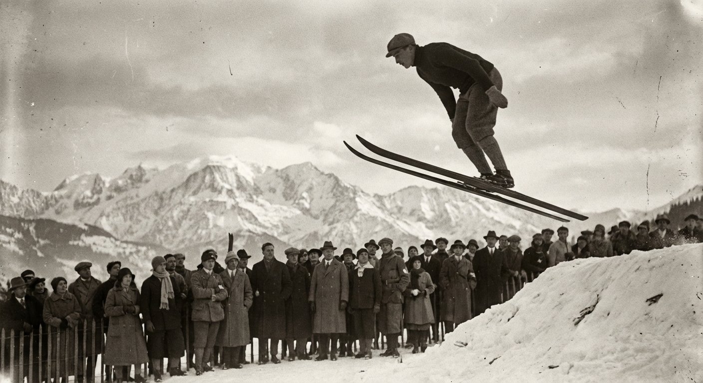 Photo d'archive reconstituée d'un sauteur à ski aux JO de 1924, skis en bois, bras écartés, devant la foule en manteaux longs.