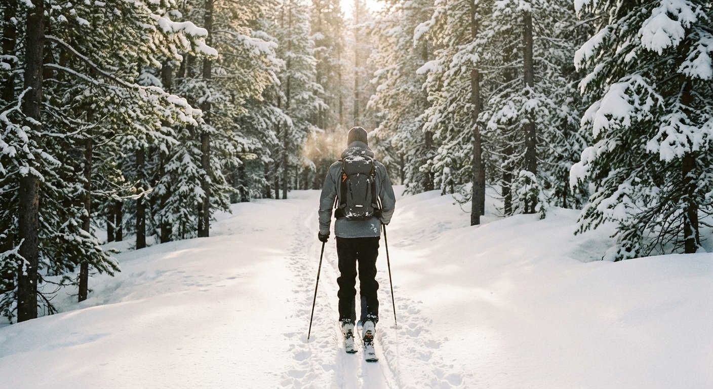 Randonneur à ski montant seul sur une trace dans une forêt de sapins enneigée, lumière du matin.