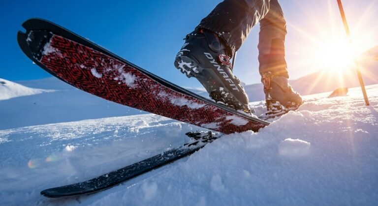 Skieur de randonnée en train de monter une pente vierge avec des peaux de phoque sous les skis, soleil rasant.
