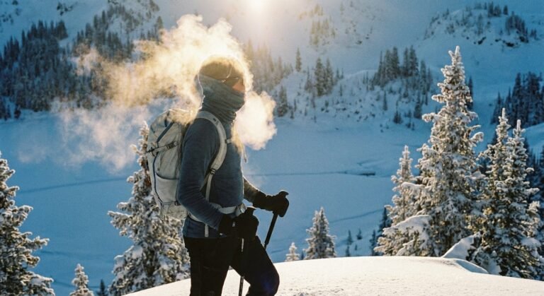 Skieur de randonnée en plein effort, de la vapeur s'échappant de ses vêtements dans l'air froid, illustrant la respirabilité.