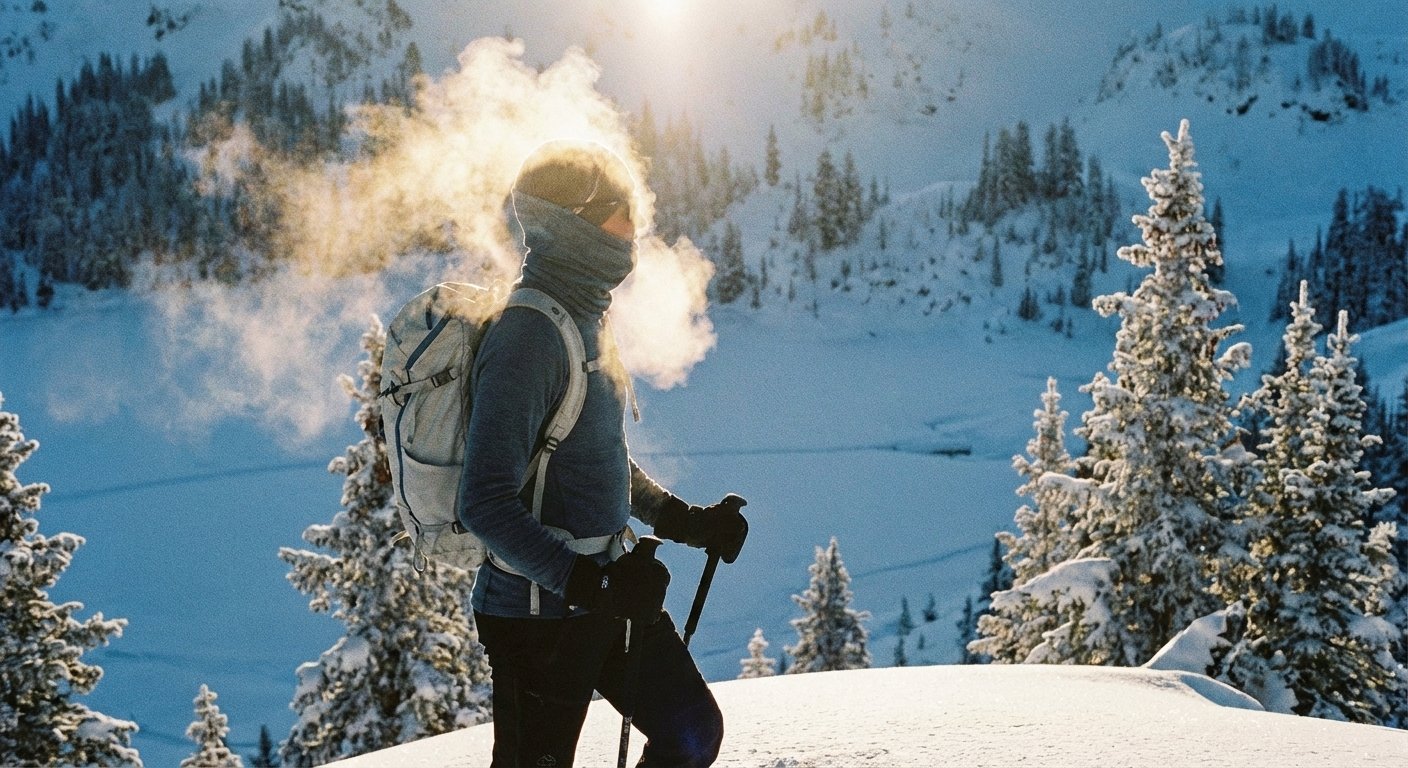 Skieur de randonnée en plein effort, de la vapeur s'échappant de ses vêtements dans l'air froid, illustrant la respirabilité.