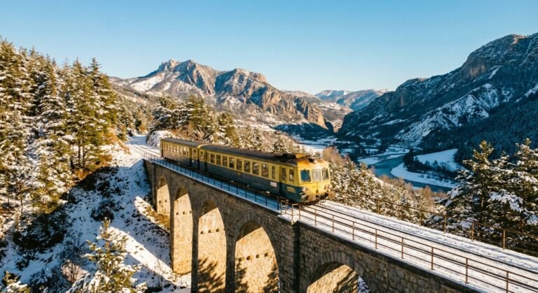 Le train des Pignes traversant un viaduc en pierre dans un paysage enneigé des Alpes du Sud.