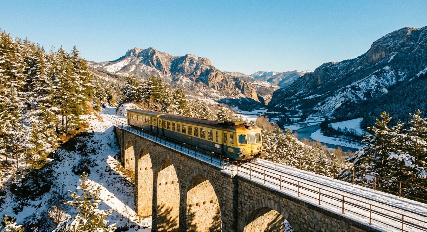 Le train des Pignes traversant un viaduc en pierre dans un paysage enneigé des Alpes du Sud.