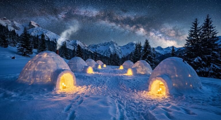 Vue nocturne d'un village d'igloos illuminés de l'intérieur sous un ciel étoilé dans les Alpes.