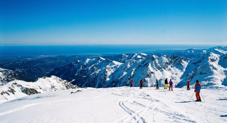 Panorama depuis le sommet enneigé de la Cime de Sistron à Isola 2000, avec la mer Méditerranée visible à l'horizon sous un ciel bleu.