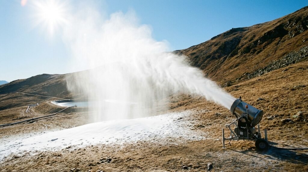 Canon à neige en fonctionnement sur une piste d'herbe brune.