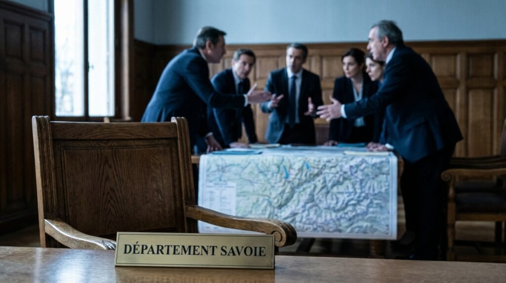 Réunion politique tendue dans une préfecture avec une chaise vide.