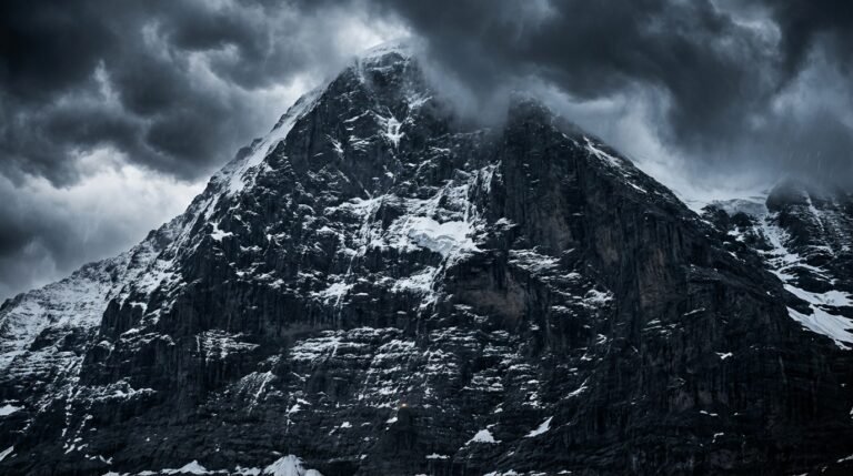 La Face Nord de l'Eiger en Suisse, immense muraille sombre et verticale, avec le névé de "L'Araignée Blanche" visible en haut, sous un ciel d'orage.