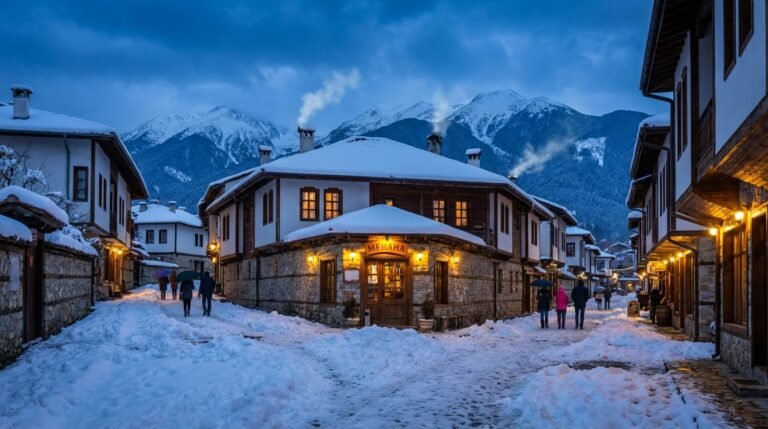 Vieilles rues enneigées de Bansko en Bulgarie au crépuscule, avec les montagnes du Pirin en arrière-plan et des lumières chaleureuses.