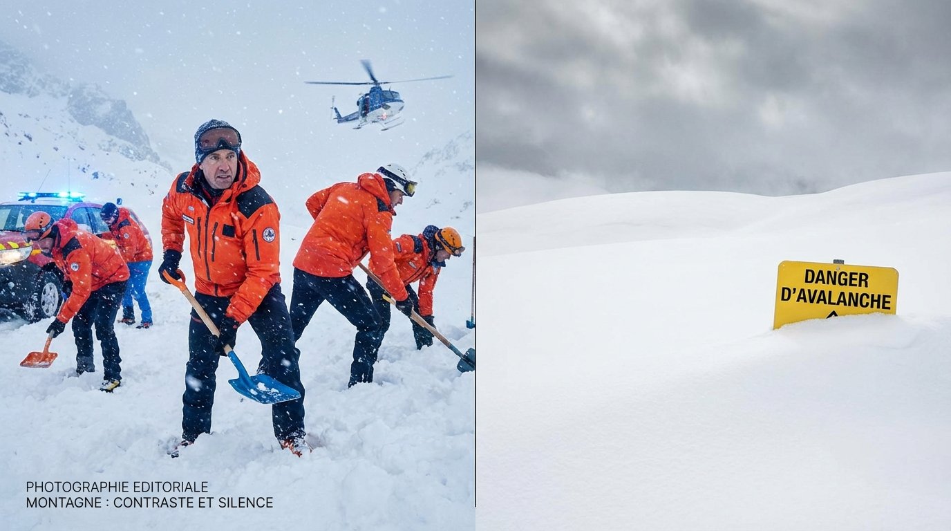 Secouristes en intervention avalanche et panneau danger hors-piste.