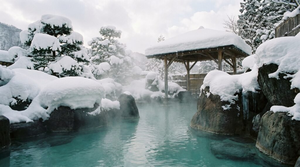 Bain thermal extérieur japonais (Onsen) entouré de murs de neige, avec de la vapeur s'élevant de l'eau chaude. Ambiance zen et relaxante.