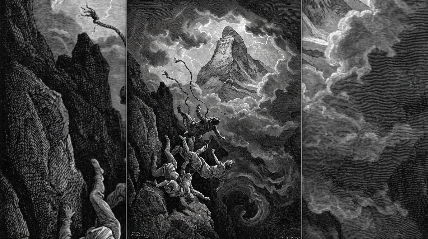 Portrait d'époque colorisé d'Edward Whymper, regard intense, habillé en tweed avec un piolet en bois à la main, devant un fond alpin.