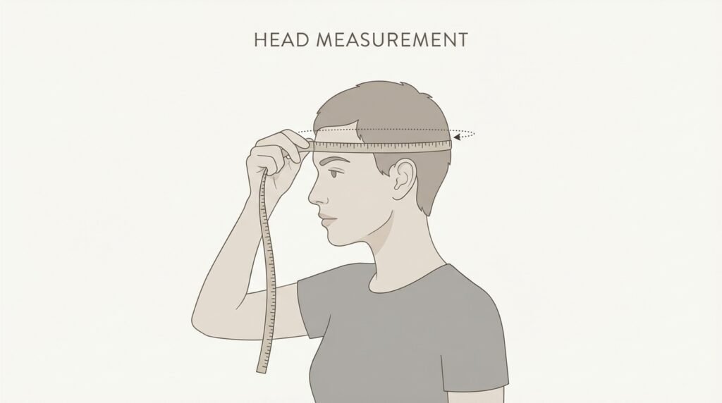 Illustration montrant comment mesurer son tour de tête avec un mètre ruban positionné au-dessus des sourcils.