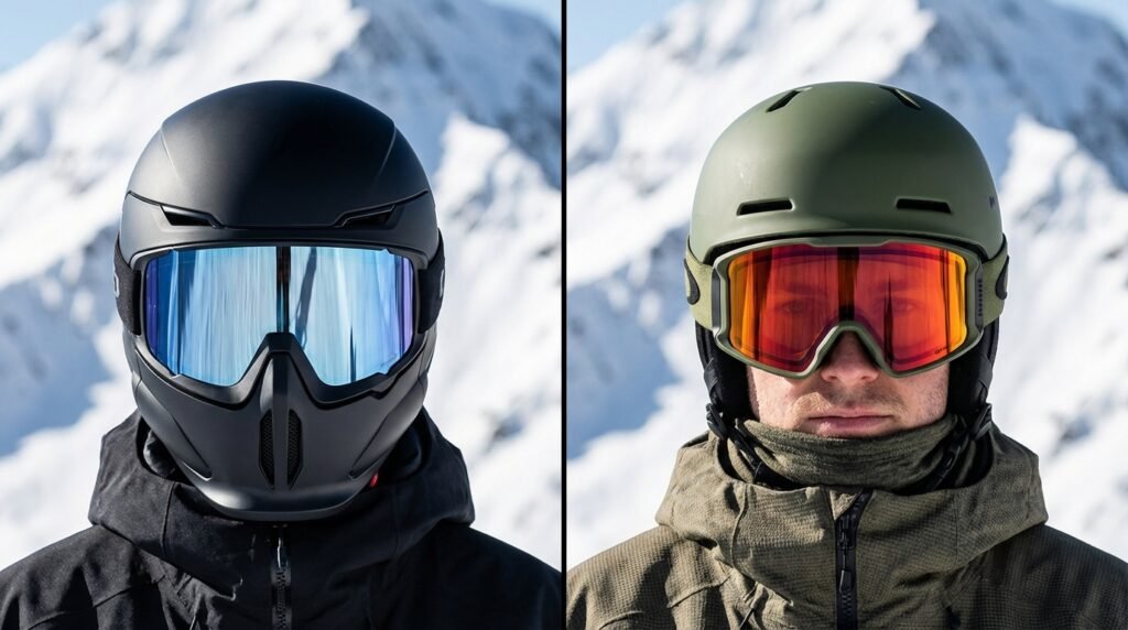 Comparaison côte à côte entre un skieur portant un casque à visière intégrée et un skieur portant un casque classique avec masque.