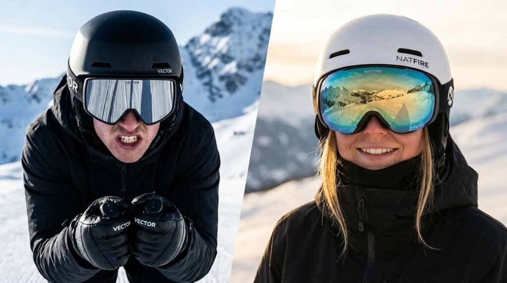 Comparaison visuelle entre un masque à écran cylindrique plat (gauche) et un masque à écran sphérique courbé (droite) portés par des skieurs.