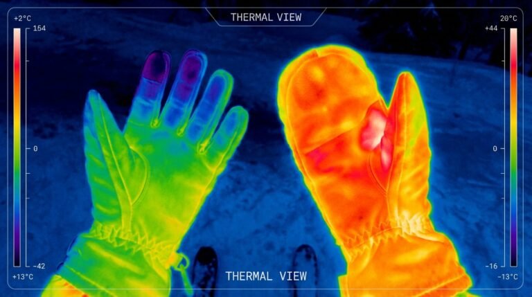 Vue caméra thermique infrarouge comparant une main dans un gant (doigts froids en bleu) et une main dans une moufle (chaleur rouge concentrée).