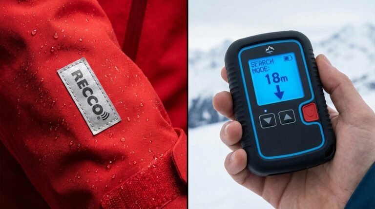 Comparaison visuelle : une petite pastille RECCO cousue sur une manche versus un boîtier DVA numérique allumé montrant une direction.