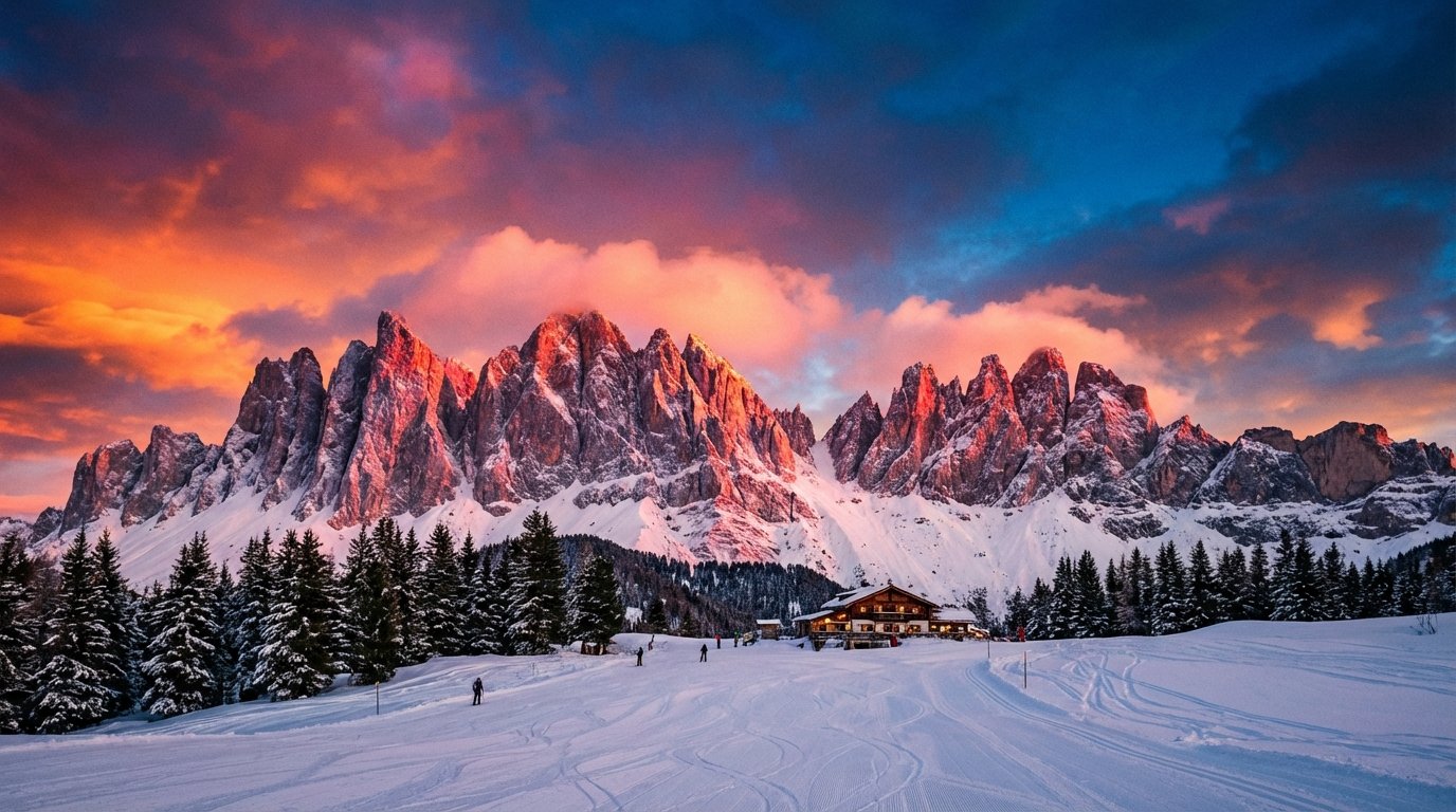 Coucher de soleil sur le massif des Dolomites en Italie, les montagnes rocheuses prennent une teinte rose intense (Enrosadira) au-dessus des pistes.