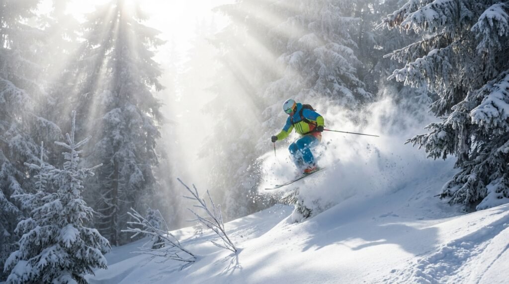 Skieur évoluant dans une poudreuse profonde entre les sapins givrés de la station de Jasna, Slovaquie.