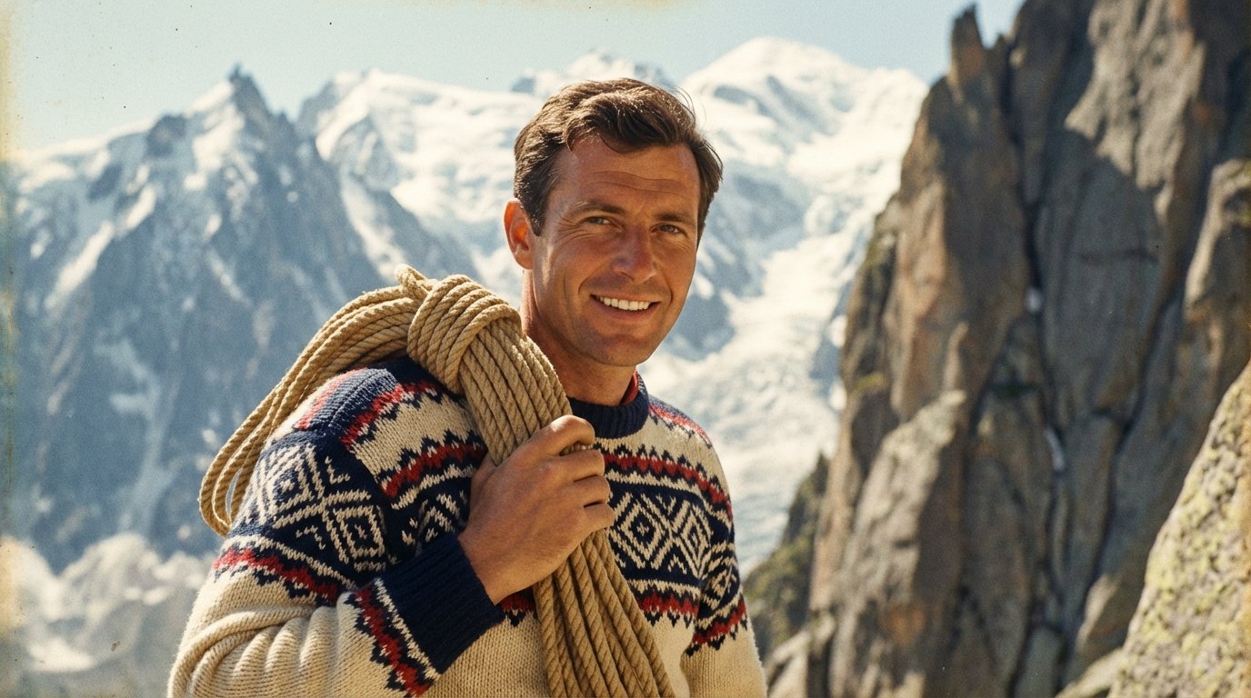 Reconstitution du célèbre portrait de Gaston Rébuffat, souriant, portant son pull en laine à motifs Jacquard, corde sur l'épaule, devant les Aiguilles de Chamonix.