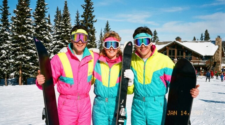 Groupe d'amis posant avec leurs monoskis sur la neige, portant des combinaisons aux couleurs fluo (rose, turquoise, jaune) et des masques larges.