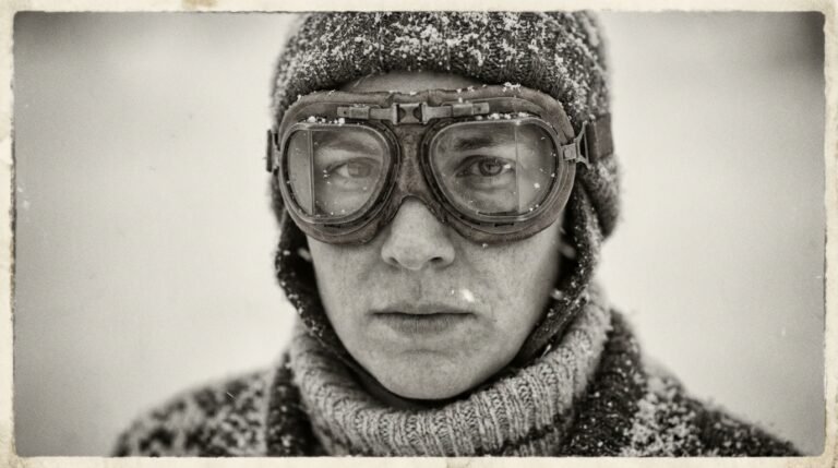 Skieur des années 40 portant un masque de type aviateur en cuir et verre, visage couvert de neige, esthétique noir et blanc.