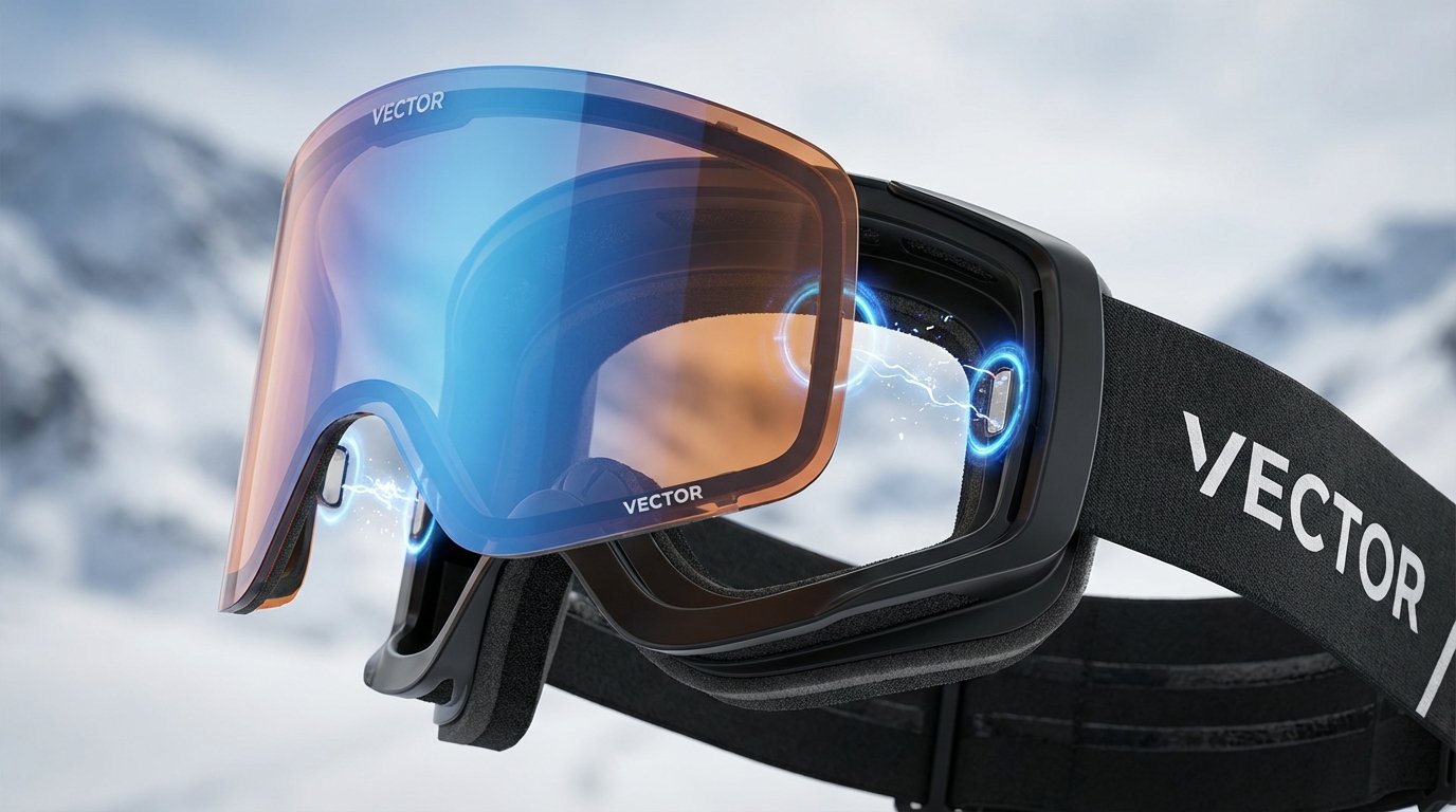 Détail du système de fixation magnétique sur le masque de ski VECTOR, montrant l'écran détaché de la monture avec les points d'aimant.