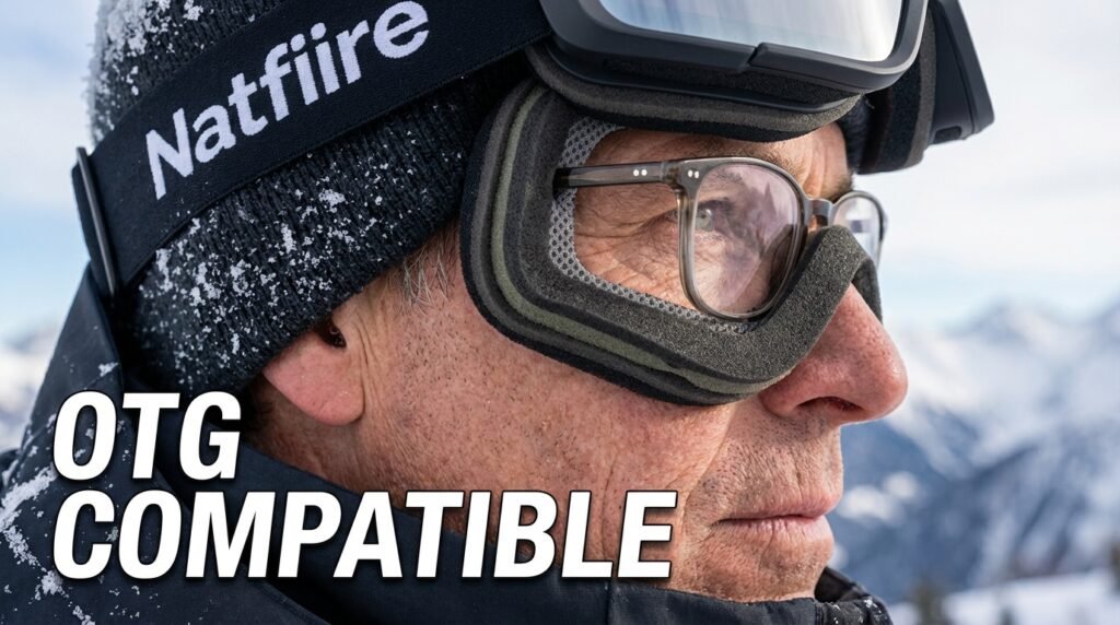 Gros plan de profil montrant un skieur portant des lunettes de vue sous le masque NATFIRE grâce à la technologie OTG (Over The Glasses).