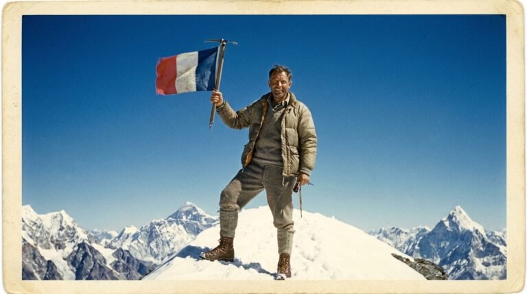 Reconstitution stylisée de la célèbre photo de Maurice Herzog au sommet de l'Annapurna en 1950, brandissant le drapeau français au bout d'un piolet.
